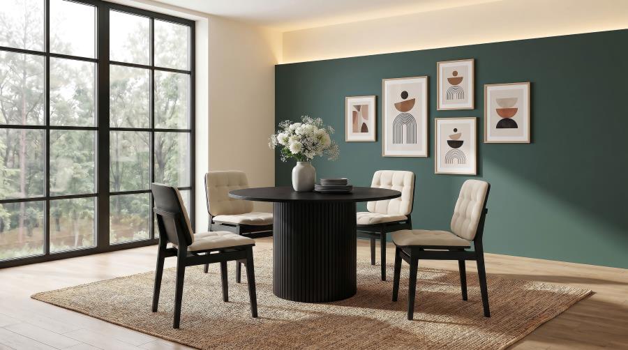 Coaster Decker 5-Piece Round Black Dining Table Set with Cream Velvet Tufted Chairs – 193930BLK-S5D
