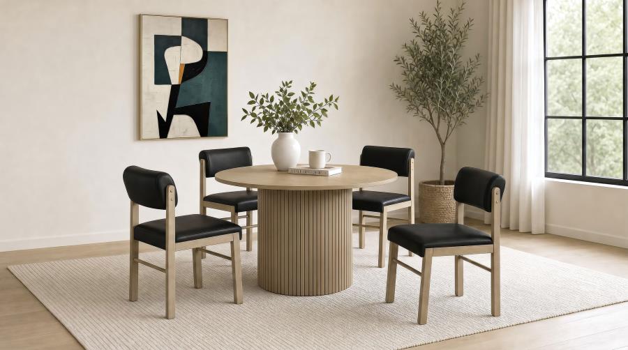 Coaster Decker 5-Piece Round Natural Dining Table Set with Black Leatherette Chairs – 193930NAT-S5C