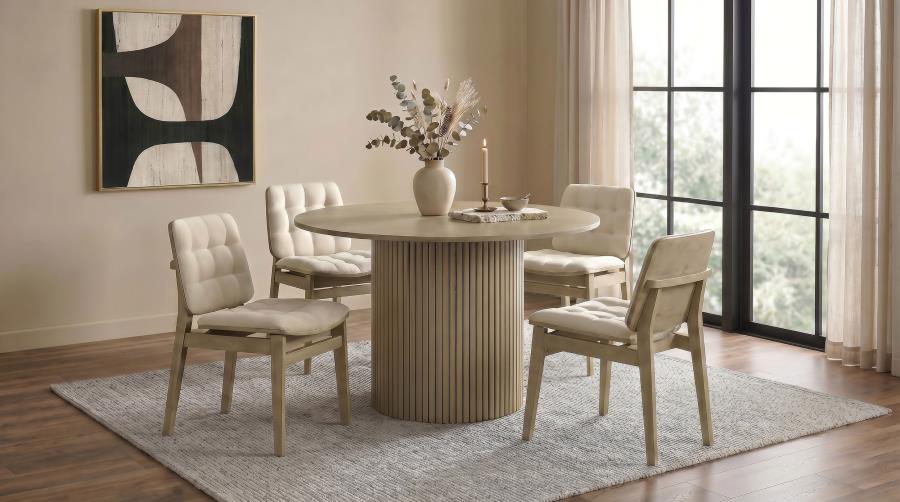 Coaster Decker 5-Piece Round Natural Dining Table Set with Cream Velvet Tufted Chairs – 193930NAT-S5D