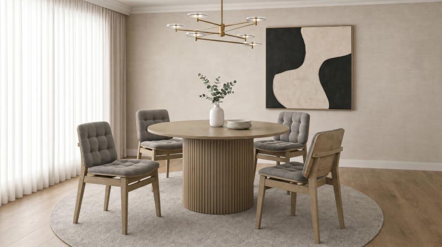 Coaster Decker 5-Piece Round Natural Dining Table Set with Grey Velvet Tufted Chairs – 193930NAT-S5E