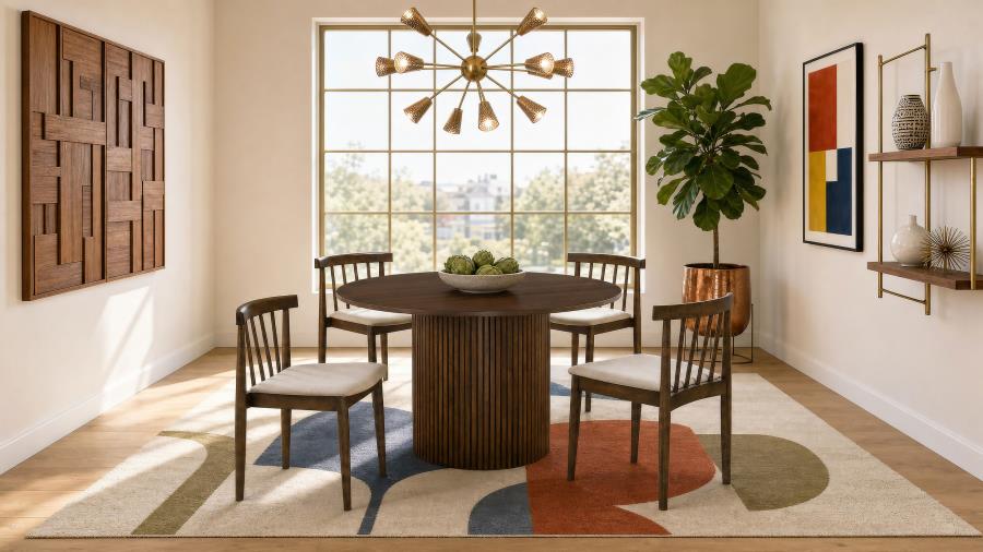 Coaster Decker 5-Piece Round Walnut Dining Table Set with High Spindle-Back Windsor Chairs – 193930WAL-S5A