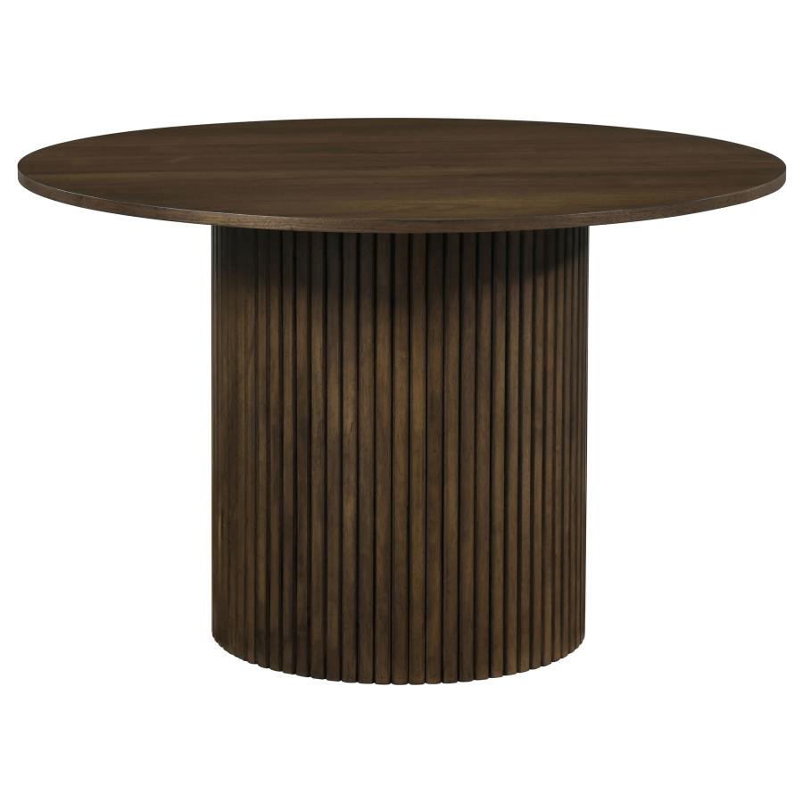 Coaster Decker 5-Piece Round Walnut Dining Table Set with Grey Velvet Tufted Chairs – 193930WAL-S5E
