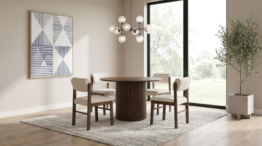 Coaster Decker 5-Piece Round Walnut Dining Table Set with Cream Upholstered Chairs – 193930WAL-S5B