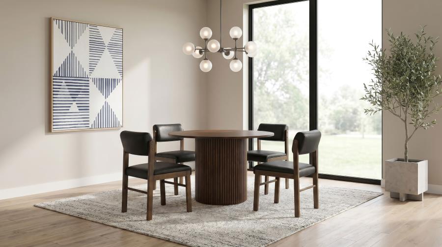 Coaster Decker 5-Piece Round Walnut Dining Table Set with Cream Upholstered Chairs – 193930WAL-S5C