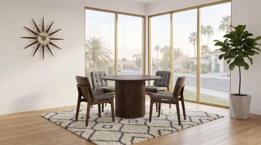 Coaster Decker 5-Piece Round Walnut Dining Table Set with Grey Velvet Tufted Chairs – 193930WAL-S5E