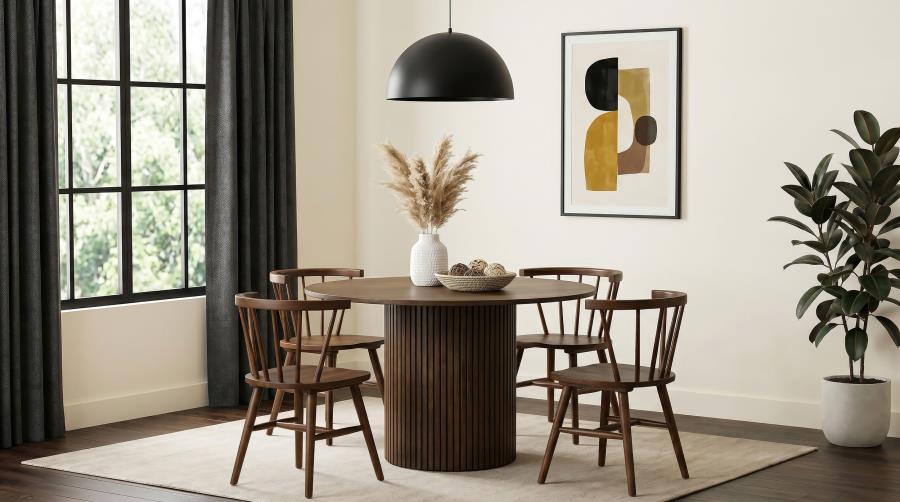 Coaster Decker 5-Piece Round Walnut Dining Table Set with Windsor Side Chairs – 193930WAL-S5F