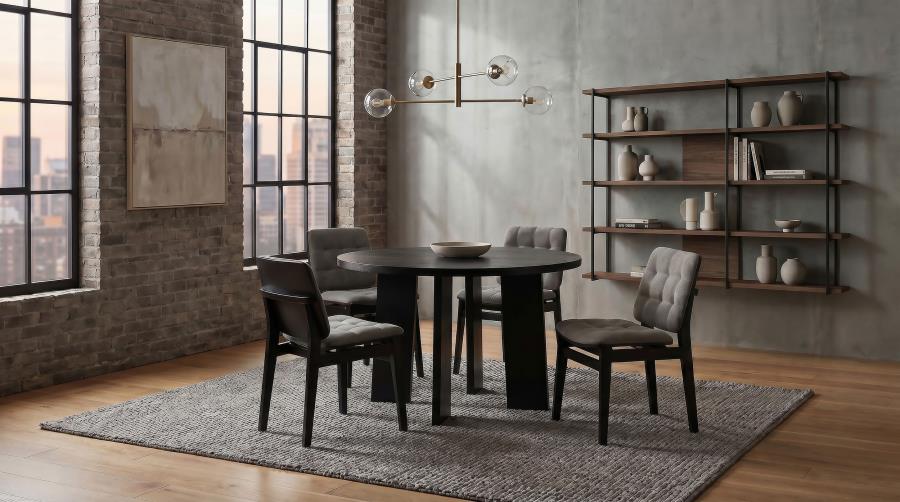 Coaster Strouse 5-Piece Round Black Pedestal Dining Table Set with Grey Velvet Tufted Chairs – 193940BLK-S5E