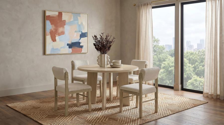 Coaster Strouse 5-Piece Round Natural Oak Pedestal Dining Table Set with Cream Upholstered Chairs – 193940NAT-S5B