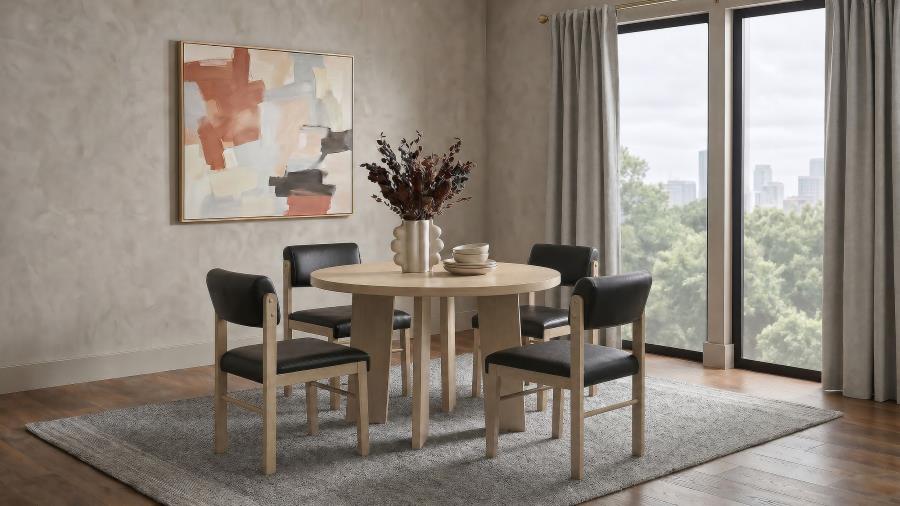 Coaster Strouse 5-Piece Round Natural Oak Pedestal Dining Table Set with Black Leatherette Chairs – 193940NAT-S5C