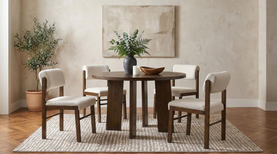 Coaster Strouse 5-Piece Round Walnut Pedestal Dining Table Set with Cream Upholstered Chairs – 193940WAL-S5B