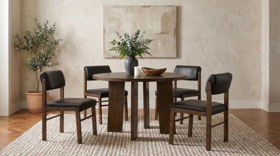 Coaster Strouse 5-Piece Round Walnut Pedestal Dining Table Set with Black Leatherette Chairs – 193940WAL-S5C