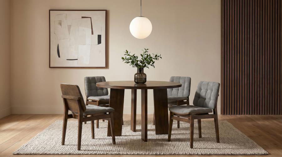 Coaster Strouse 5-Piece Round Walnut Pedestal Dining Table Set with Grey Velvet Tufted Chairs – 193940WAL-S5E