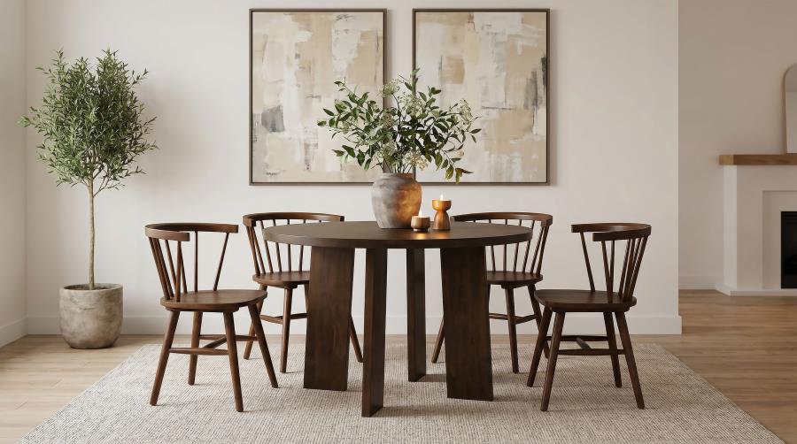 Coaster Strouse 5-Piece Round Walnut Pedestal Dining Table Set with Windsor Side Chairs – 193940WAL-S5F
