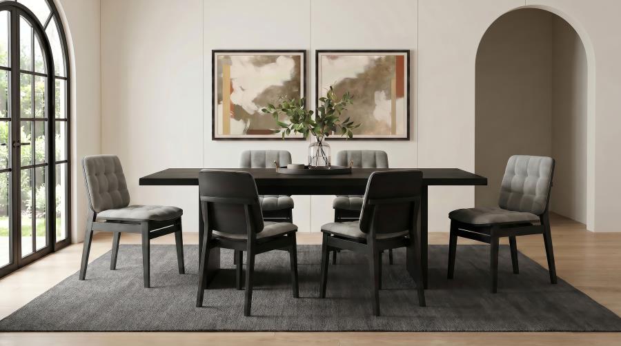 Coaster Decker 7-Piece 82" Black Dining Table Set with Grey Biscuit-Tufted Velvet Chairs – 193951BLK-S7E