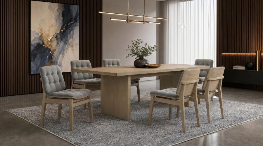 Coaster Decker 7-Piece 82" Natural Oak Dining Table Set with Grey Biscuit-Tufted Velvet Chairs – 193951NAT-S7E