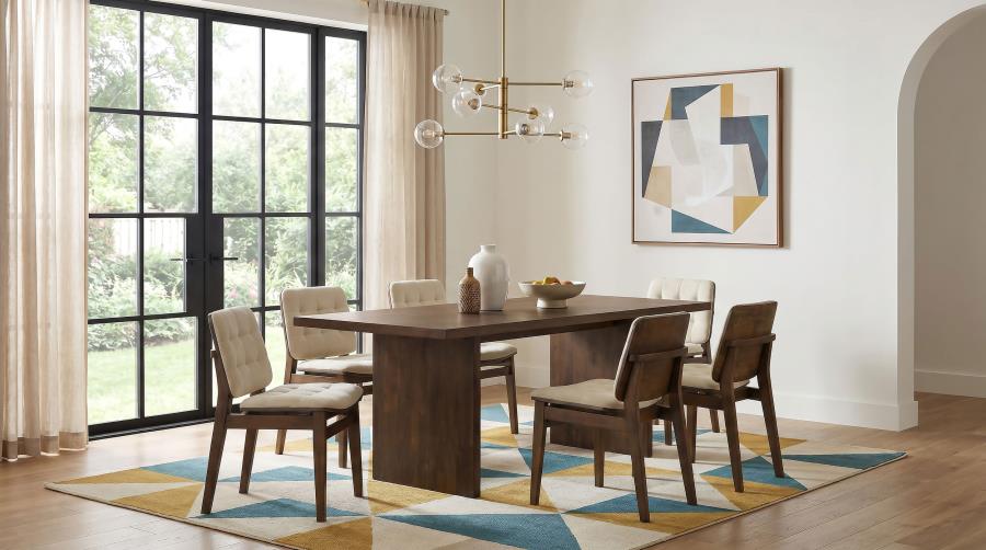 Coaster Decker 7-Piece 82" Walnut Dining Table Set with Cream Biscuit-Tufted Velvet Chairs – 193951WAL-S7D
