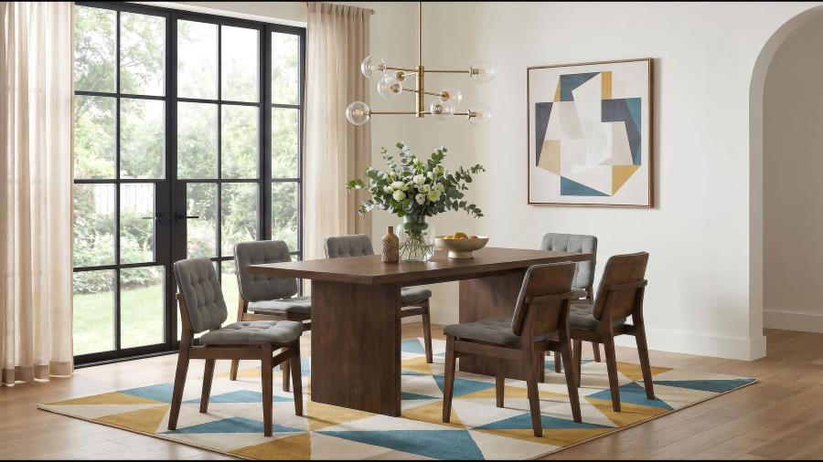 Coaster Decker 7-Piece 82" Walnut Dining Table Set with Grey Biscuit-Tufted Velvet Chairs – 193951WAL-S7E
