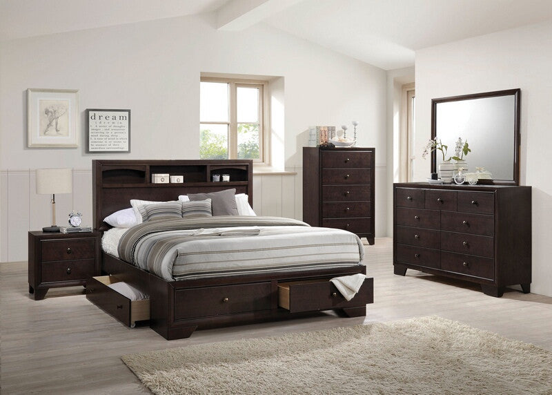 Acme 19560Q 4 pc madison ii espresso finish wood storage headboard with under bed drawers queen bedroom set