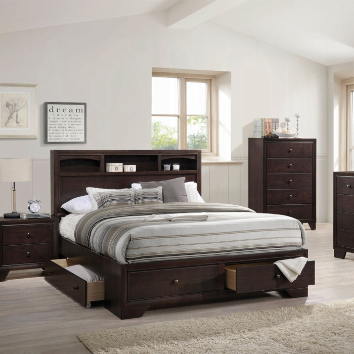Acme 19560Q 4 pc madison ii espresso finish wood storage headboard with under bed drawers queen bedroom set