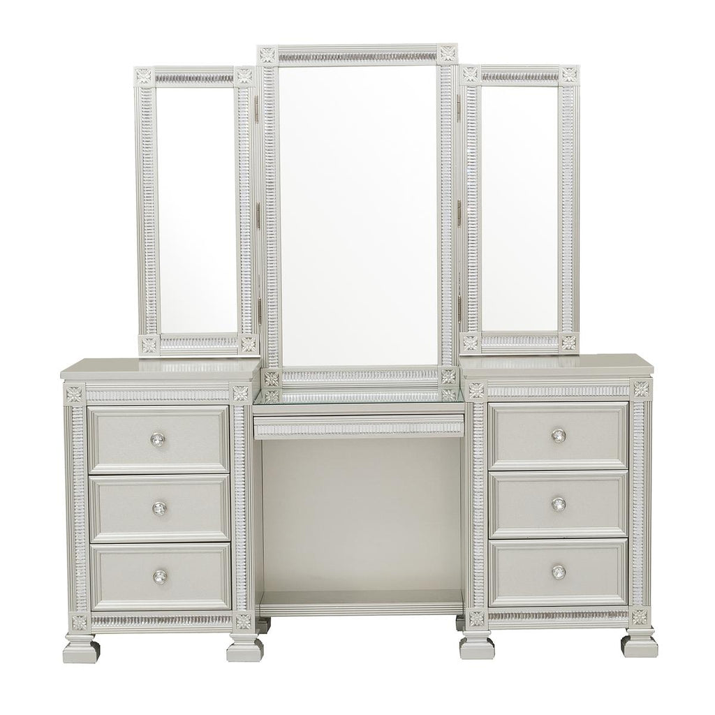Homelegance 1958-14-15 3 pc Bevelle silver finish wood bedroom make up vanity set