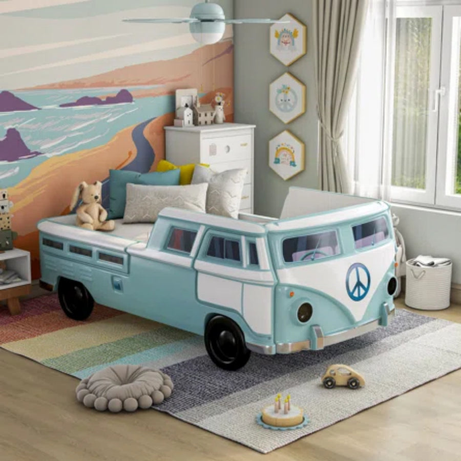 FOA7726TL Hokku designs axel teal peace bus VW style design twin size kids bed w/ LED lights and sounds