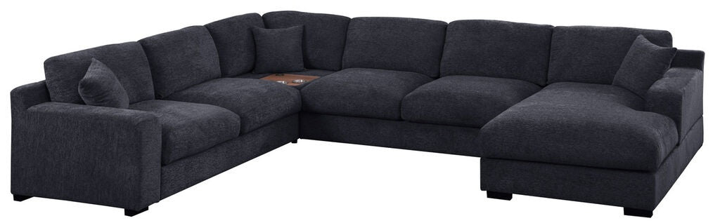 89295-1 4 pc Celine dark grey chenille fabric 128" modular sectional sofa set with chaise and cup holders wtih USB charging
