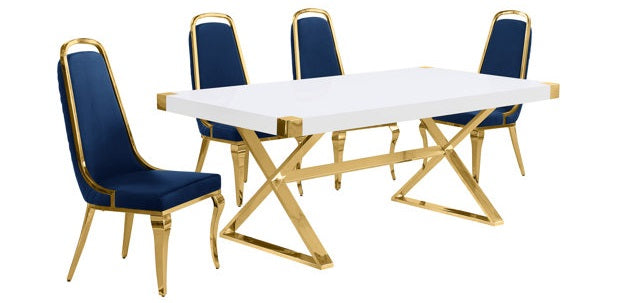 Best Quality D443-6SC315 7 pc Modern white high gloss top gold accent base 94" dining table set navy blue chairs