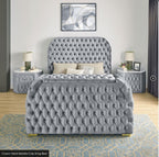Crown Mark 5115GY Natalia grey velvet fabric tufted queen bed with TV lift and built in LED Fireplace