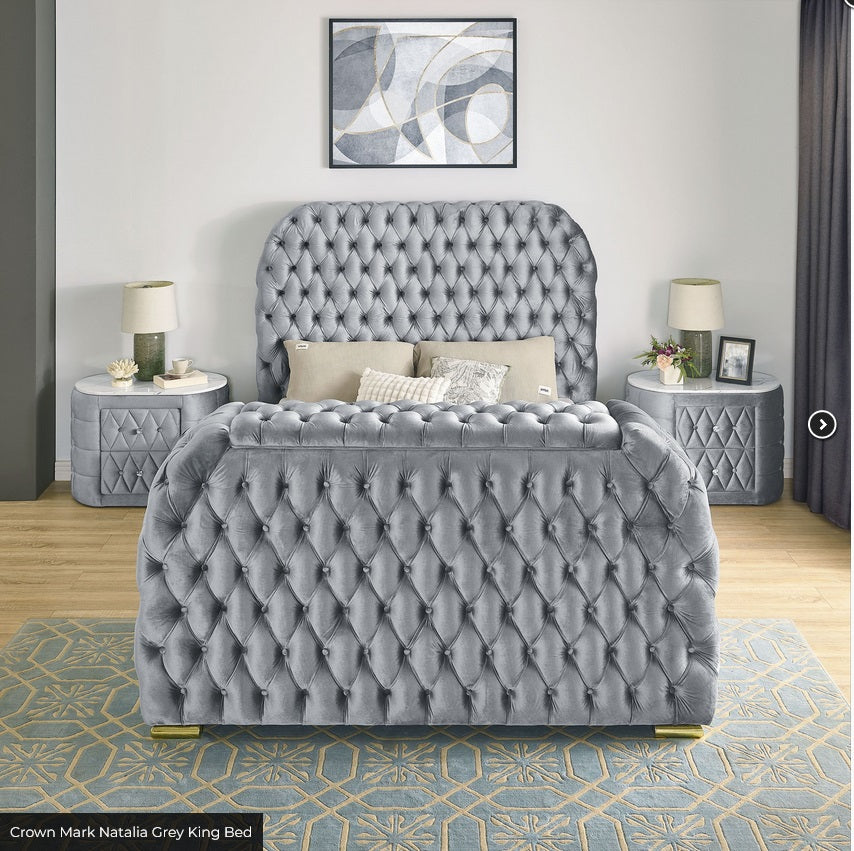 Crown Mark 5115GY Natalia grey velvet fabric tufted queen bed with TV lift and built in LED Fireplace