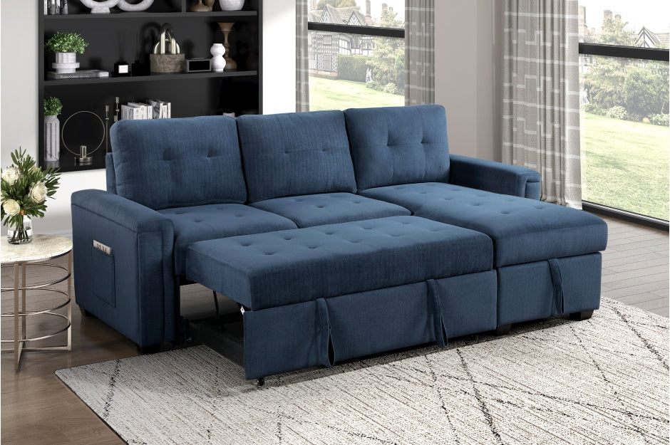 Homelegance 9259-SC 2 pc Barbara blue textured fabric sectional sofa reversible pop up sleep area storage chaise