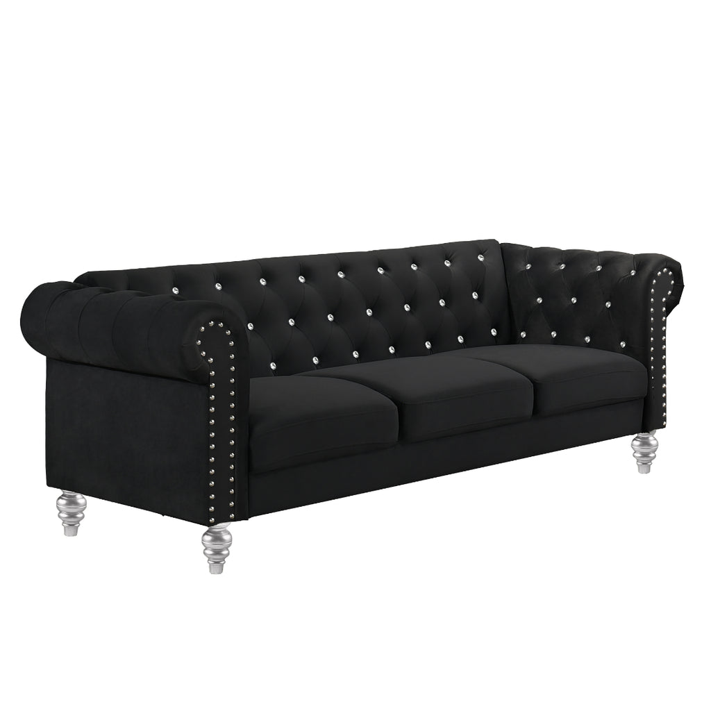 24-13CK-2PC 2 pc Emma black velvet fabric crystal button tufted sofa and love seat set acrylic legs nail head trim