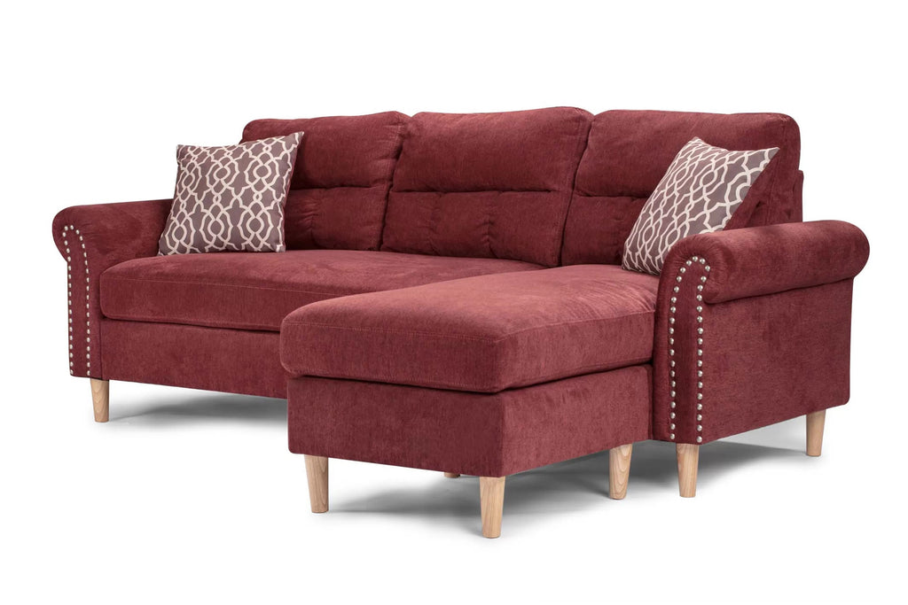 Poundex F6449 2 pc leta paprika red velvet fabric apartment size sectional sofa reversible chaise