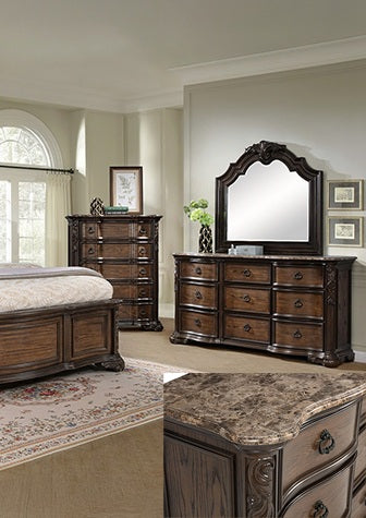 B1640 4 pc Ludwig rich brown finish wood padded upholstered nail head trim headboard bedroom set with marble tops