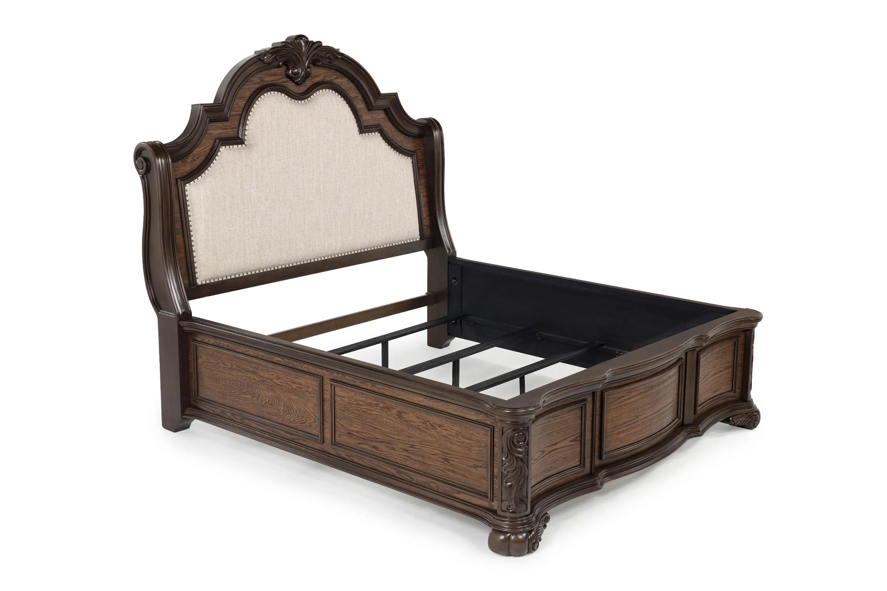 B1640 4 pc Ludwig rich brown finish wood padded upholstered nail head trim headboard bedroom set with marble tops