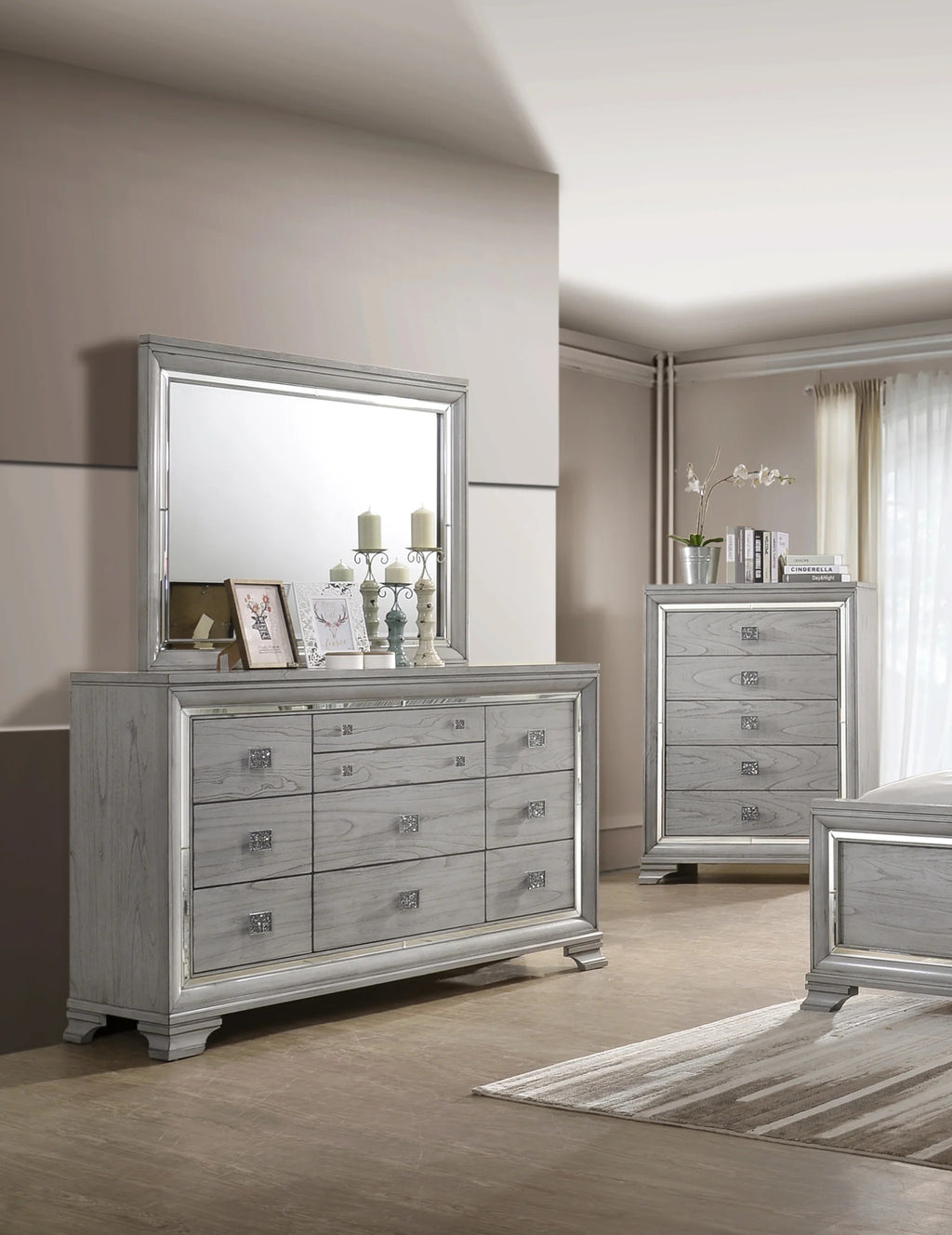 B7200 4 pc A & J homes studio vail metallic finish wood carved design queen bedroom set