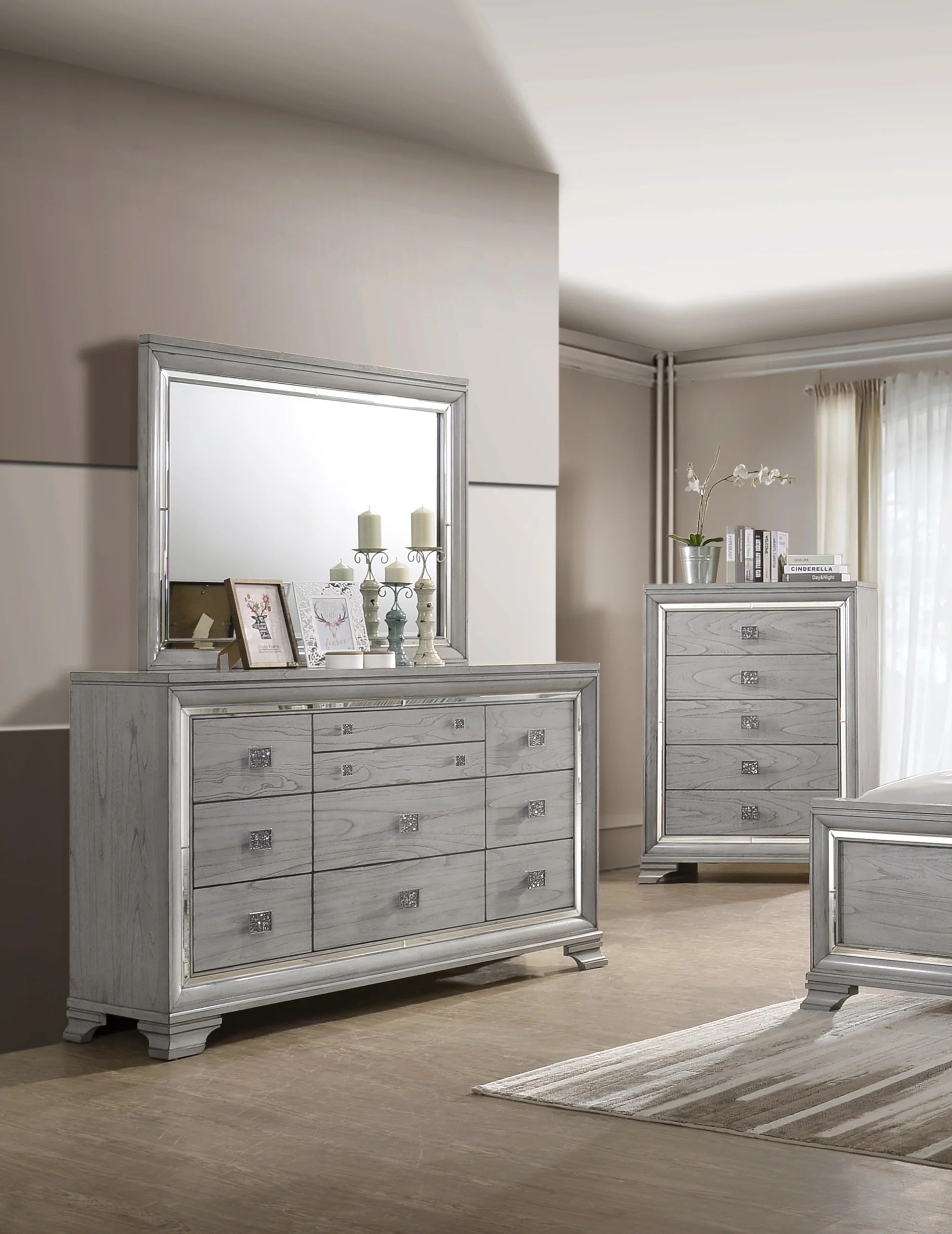 B7200 4 pc A & J homes studio vail metallic finish wood carved design queen bedroom set