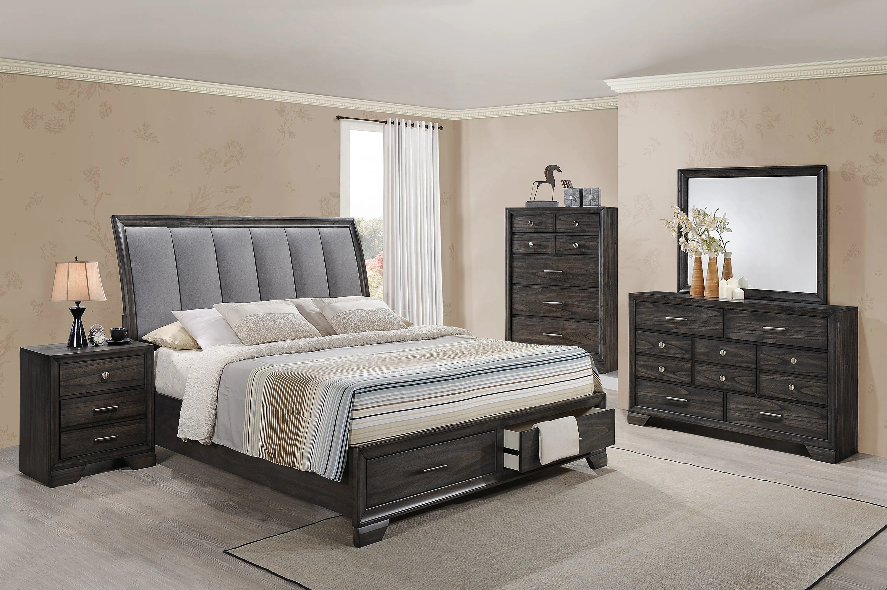 B6580 4 pc A & J Homes studio jaymes grey finish wood bedroom set with drawers in footboard