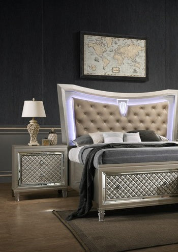 Elizabeth-4PC 4 pc Elizabeth champagne wood finish faux leather upholstered headboard LED lighting queen bed set