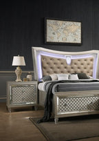 Elizabeth-4PC 4 pc Elizabeth champagne wood finish faux leather upholstered headboard LED lighting queen bed set