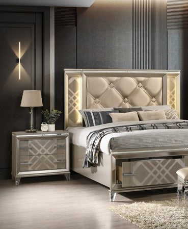 Santiago-EK-4PC 4 pc Santiago champagne gold finish wood faux leather upholstered headboard LED lighting eastern king bed set