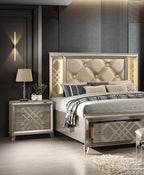 Santiago-EK-4PC 4 pc Santiago champagne gold finish wood faux leather upholstered headboard LED lighting eastern king bed set