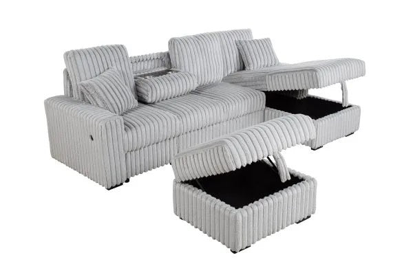Best Quality SE42-4PC 4 pc Light grey wide corduroy fur fabric sectional sofa with pop up sleep area and chaise with storage ottoman USB plugs