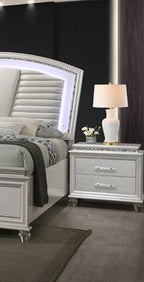 Adele 4 pc Adele pearl white finish wood faux leather upholstered headboard LED lighting queen bed set footboard drawers