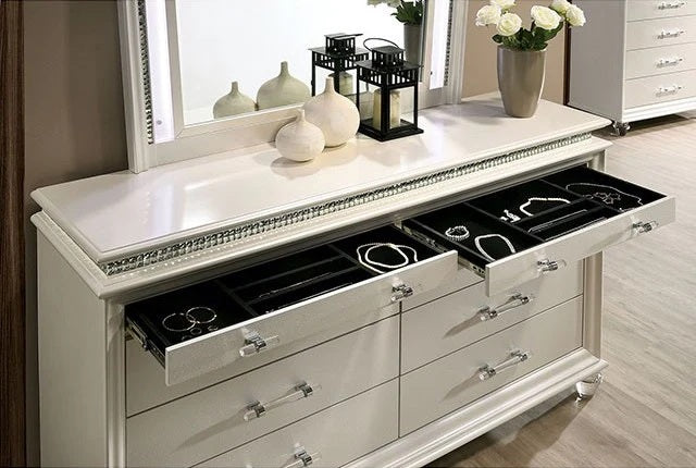 Adele 4 pc Adele pearl white finish wood faux leather upholstered headboard LED lighting queen bed set footboard drawers