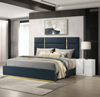 Coaster 223091NVYQ-S4 4 pc Ines white high gloss finish wood queen bedroom set navy fabric upholstered bed gold accents