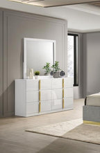 Coaster 223091GRYQ-S4 4 pc Ines white high gloss finish wood queen bedroom set grey fabric upholstered bed gold accents