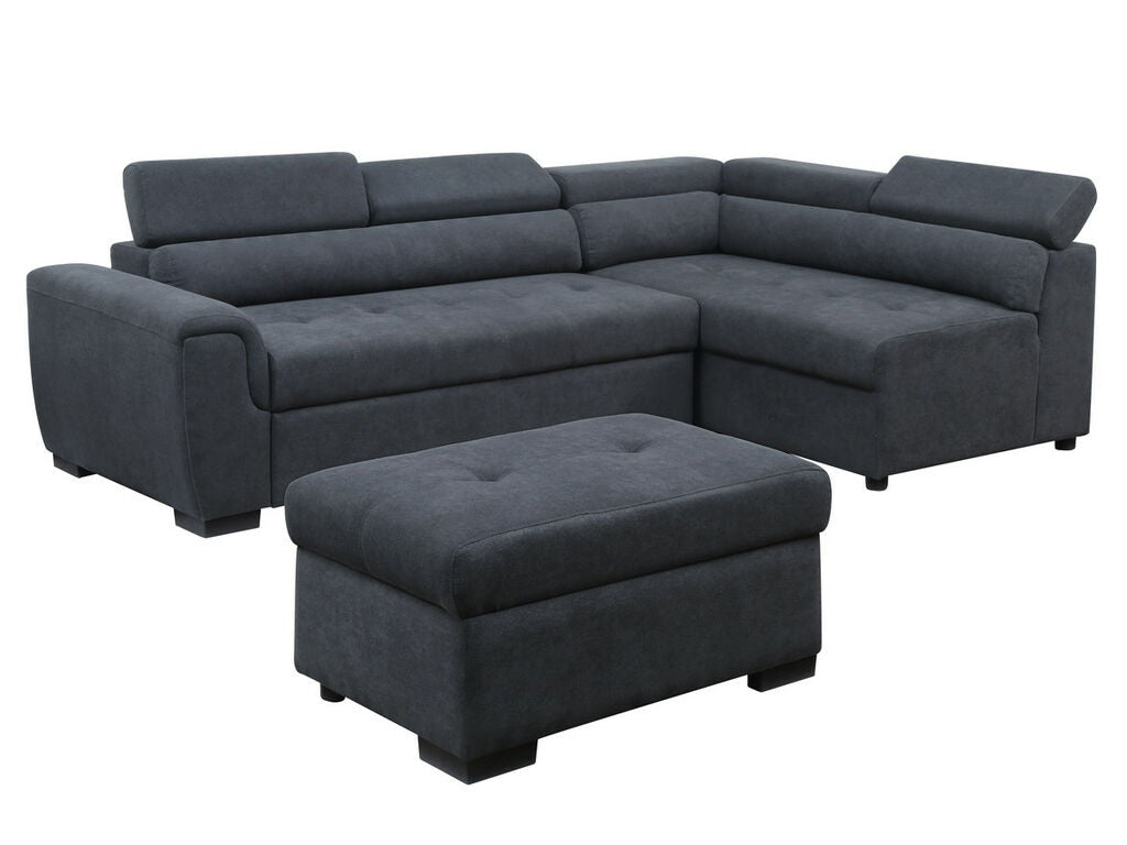 89138 3 pc Haris dark grey fabric 97" sectional sofa set with pop up sleep area adjustable headrests storage ottoman