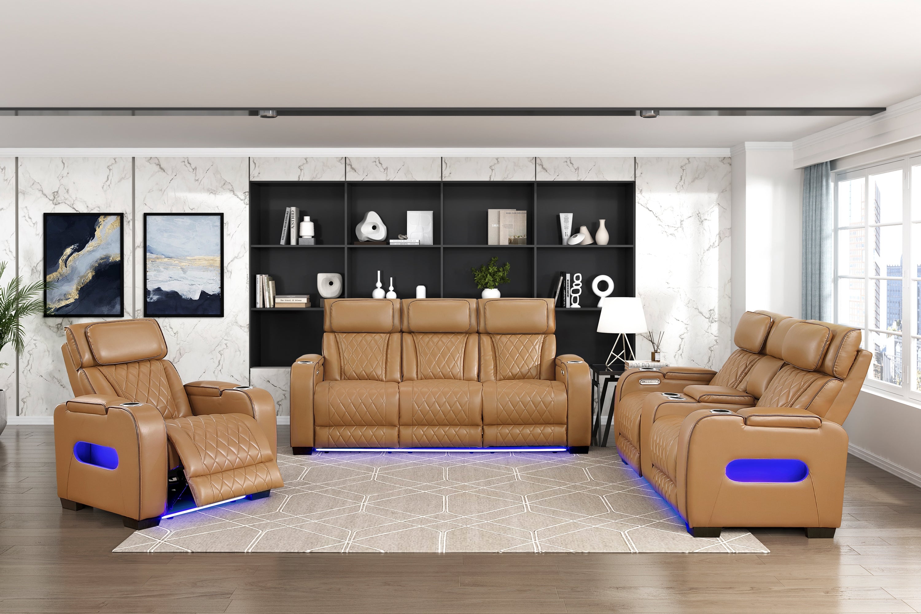 Homelegance 9516BRW-2PWH 2 pc Fairway tan breathable faux leather power motion sofa and love seat set USB LED