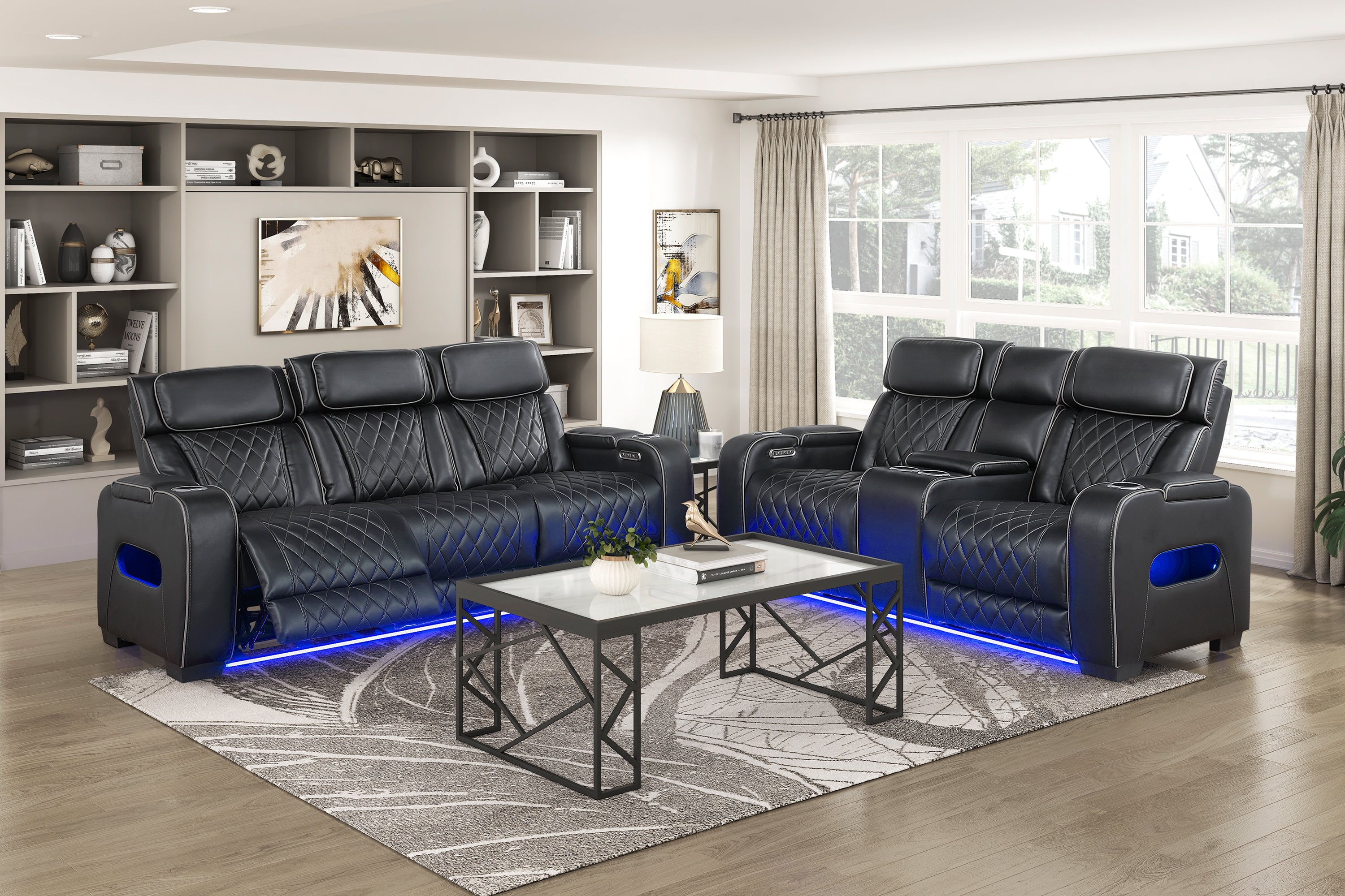 Homelegance 9516BLK-2PWH 2 pc Fairway black breathable faux leather power motion sofa and love seat set USB LED