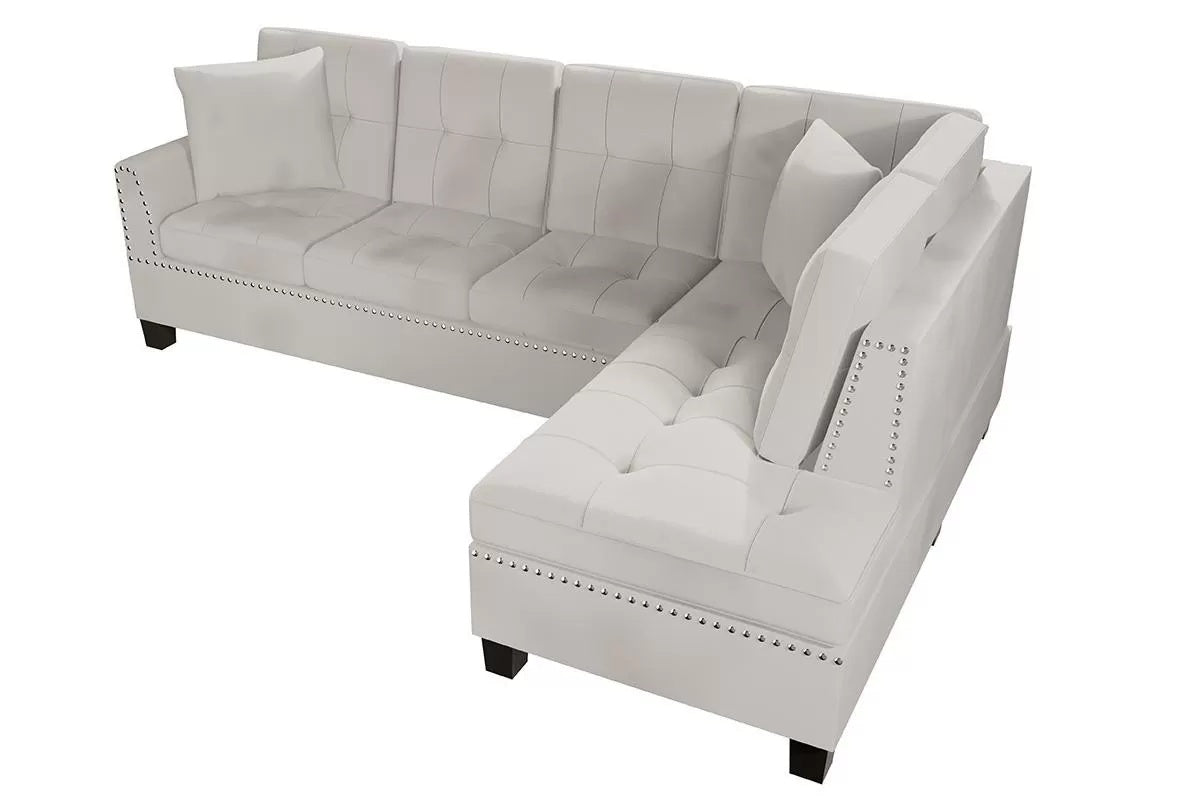 Poundex F8885 2 pc mushroom tweed like velvet fabric sectional sofa with chaise and nail head trim